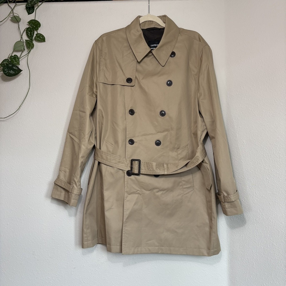 NWT Express Mens Khaki Water Resistant Mid Trench Coat Size XL Classic Old Money
